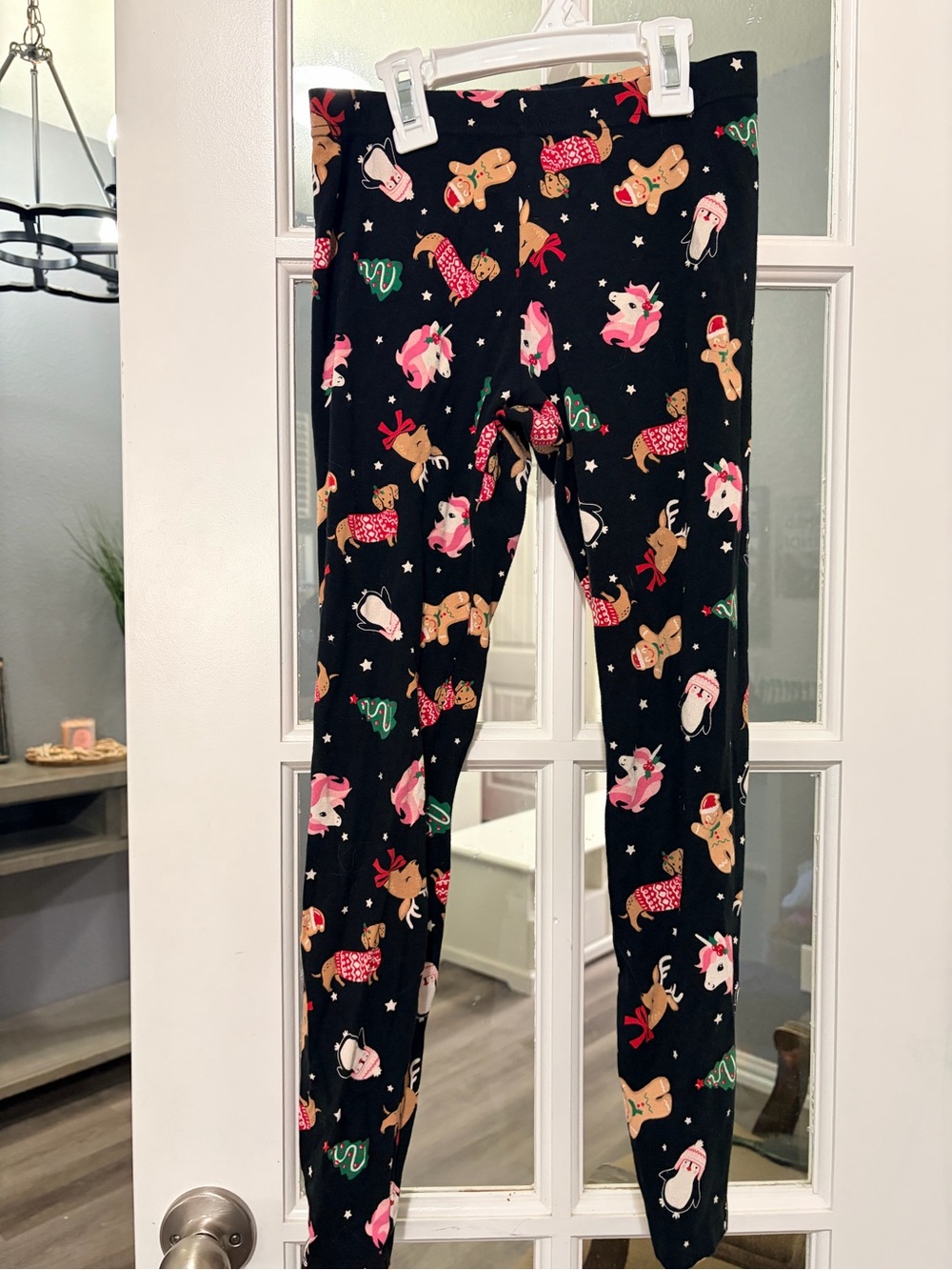 Holiday Time Black Leggings with Pink, Brown, Green & Red Holiday Characters